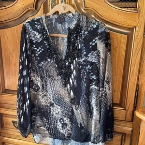 Hale Bob long sleeve beaded v neck blouse